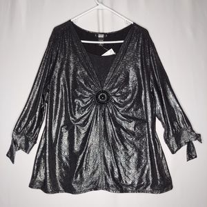 Studio 1940 Top Women 3X Black Metallic V-Neck Medallion Puff Tie Witchy